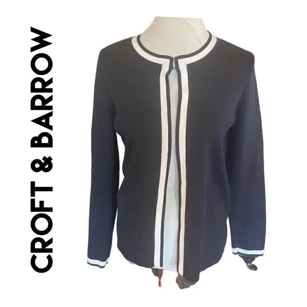 Croft & Barrow Womens Open Cardigan Sweater Hook Eye Closure Knit Black White Si